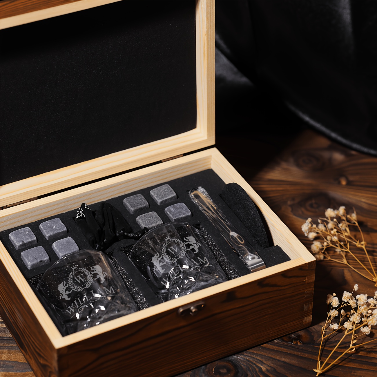 Personalized Whiskey Glass Set with Wooden Box, Great Gift
